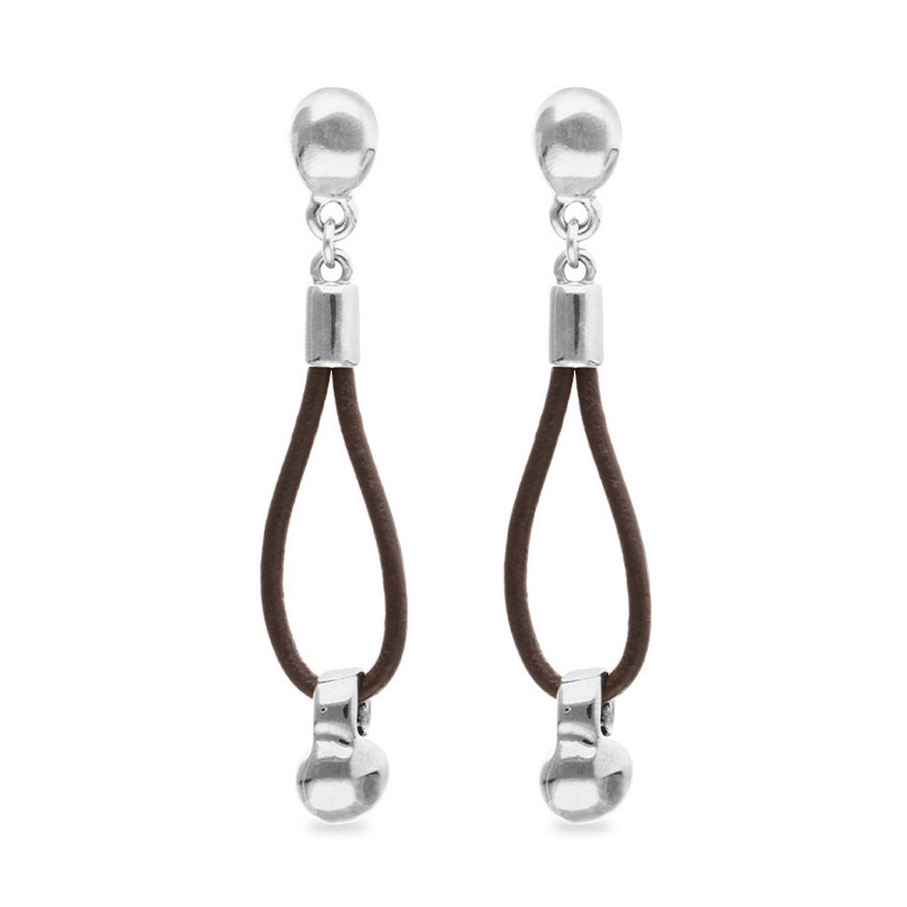 Leather Long Sterling Silver Plated Ball Detail Earrings PEN1062MARMTL