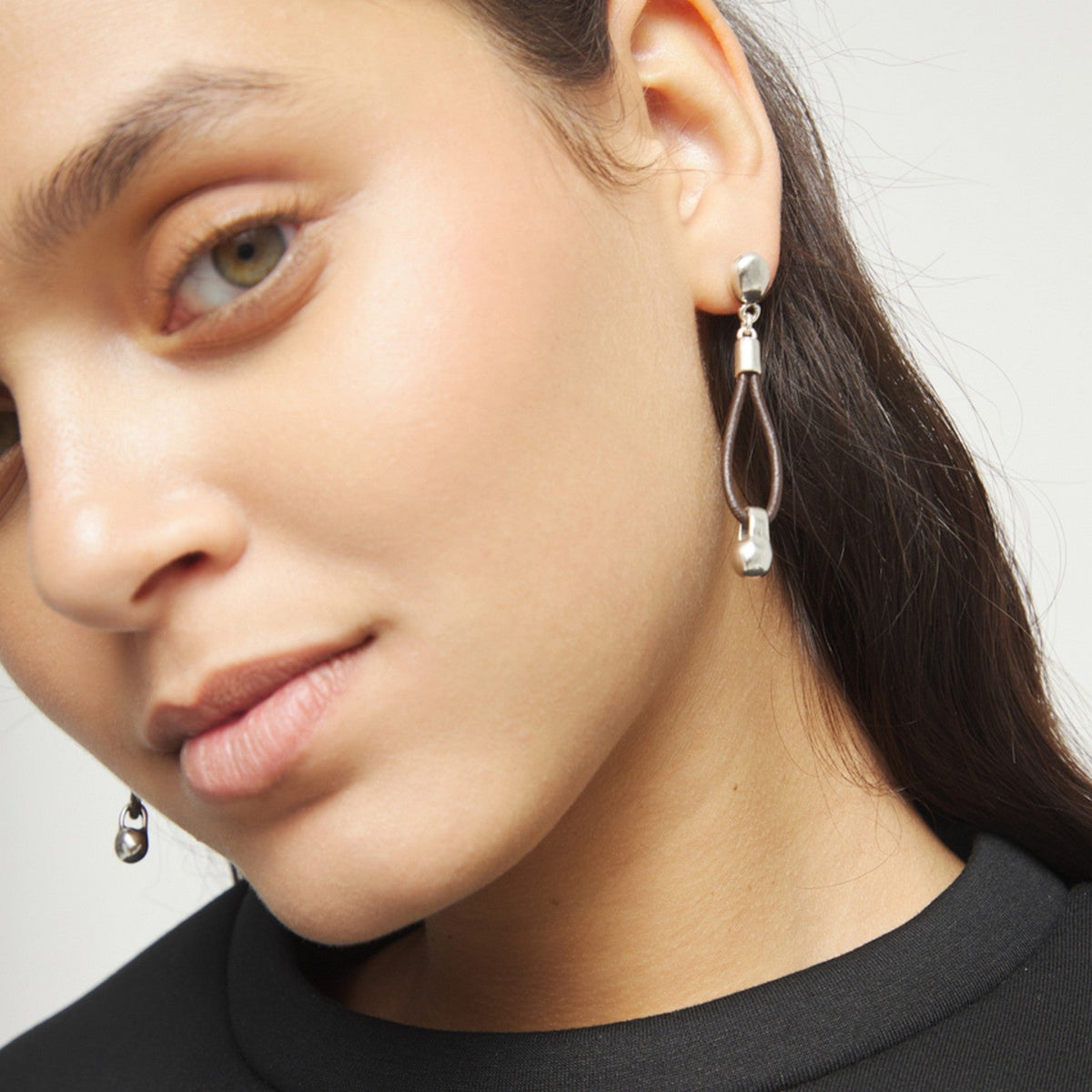 Leather Long Sterling Silverplated Ball Detail Earrings PEN1062MARMTL