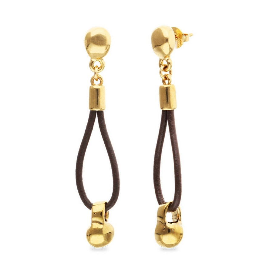 Leather Long 18K Gold Plated Ball Detail Earrings PEN1062MARORO
