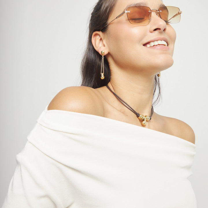 18K Gold Metal Alloy Long Chain And Ball Detail Earrings PEN1063ORO000