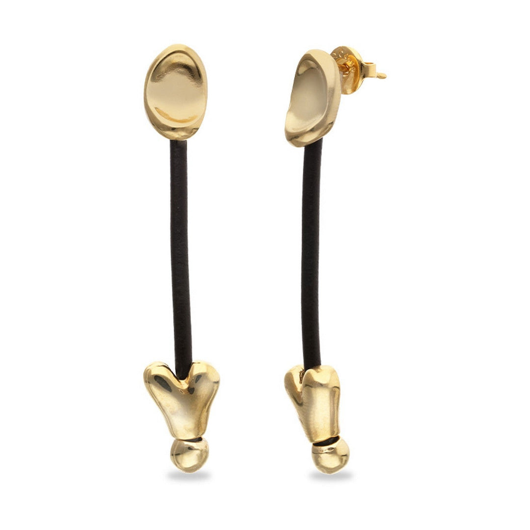 Leather And 18K Gold Plated Long Hearts Earrings PEN1073MARORO