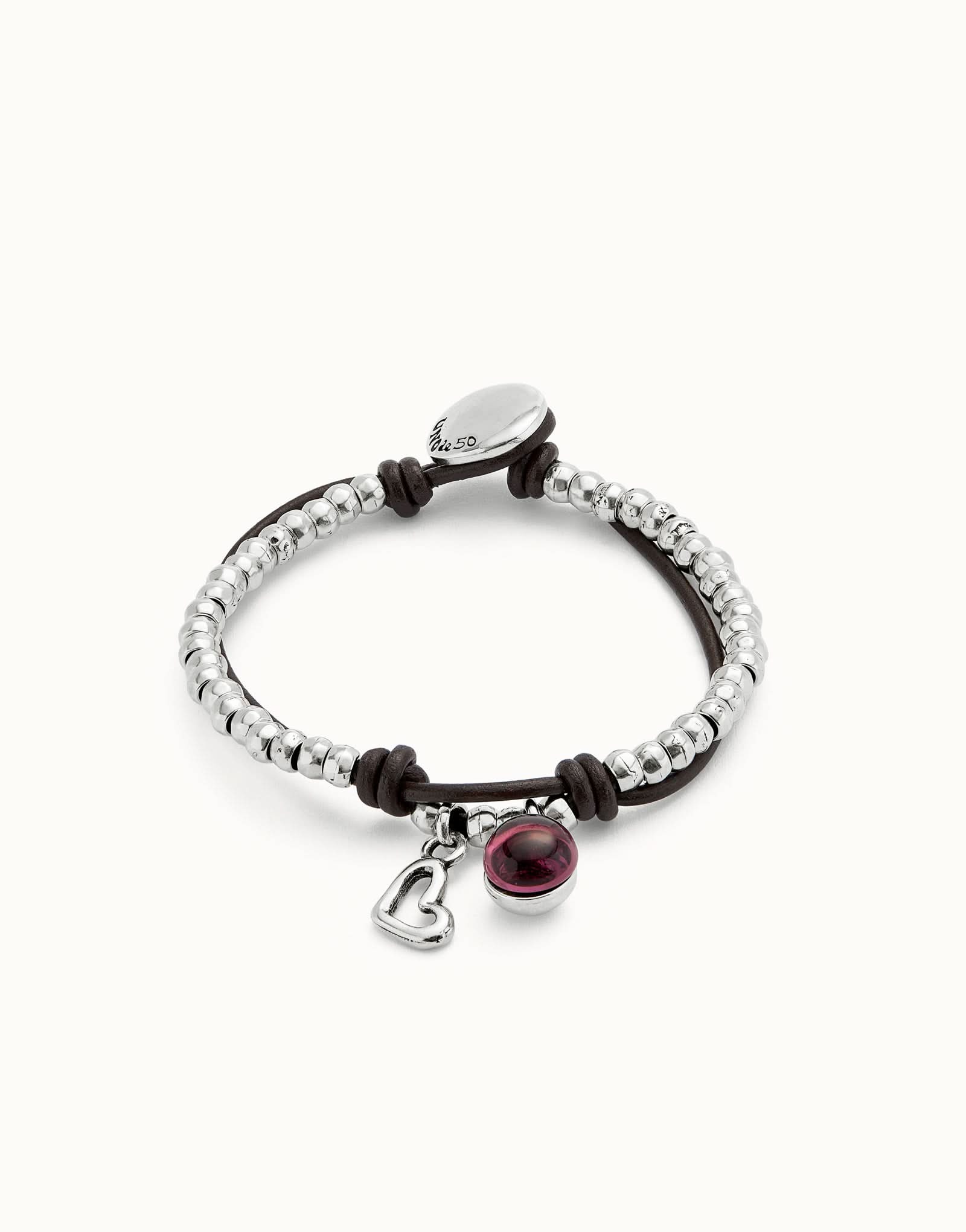 Luxurious Sterling Silver Plated Ser Fascinante Purple Bracelet PUL2528MORMTL0 featuring elegant leather and vibrant purple Murano glass, a perfect statement bracelet.
