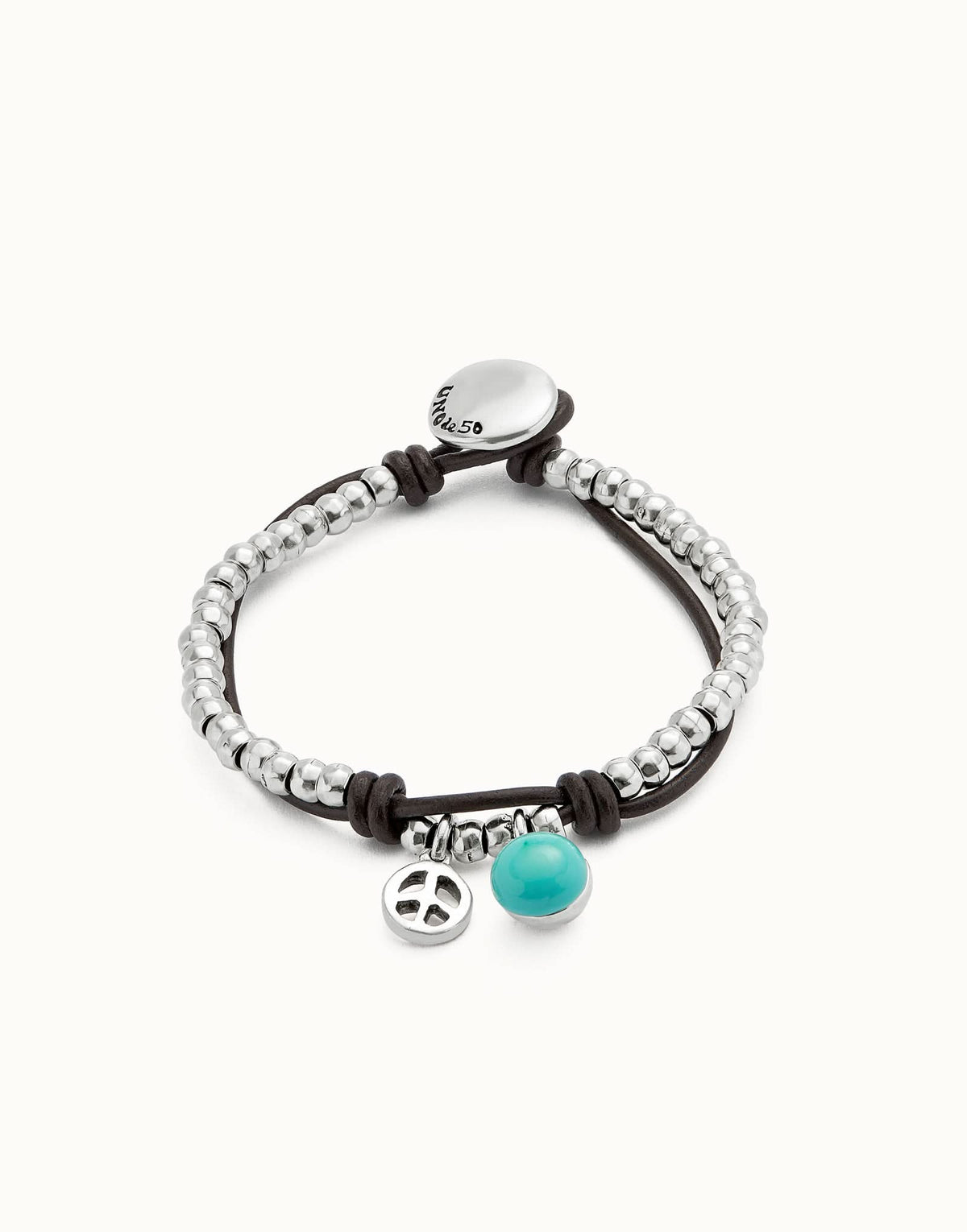 Elegant Sterling Silver Plated Ser Fascinante Turquoise Bracelet PUL2530TURMTL0, showcasing turquoise Murano glass and leather details, a stunning addition to any luxury jewelry collection.