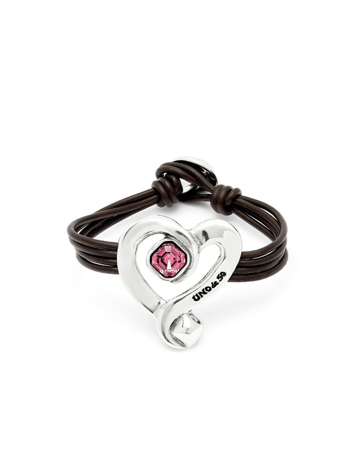 Elegant Sterling Silver Plated Ser Expresiva Pink Bracelet PUL2542RSAMTL0 featuring a leather band adorned with a heart and pink crystal, perfect for expressing individuality.