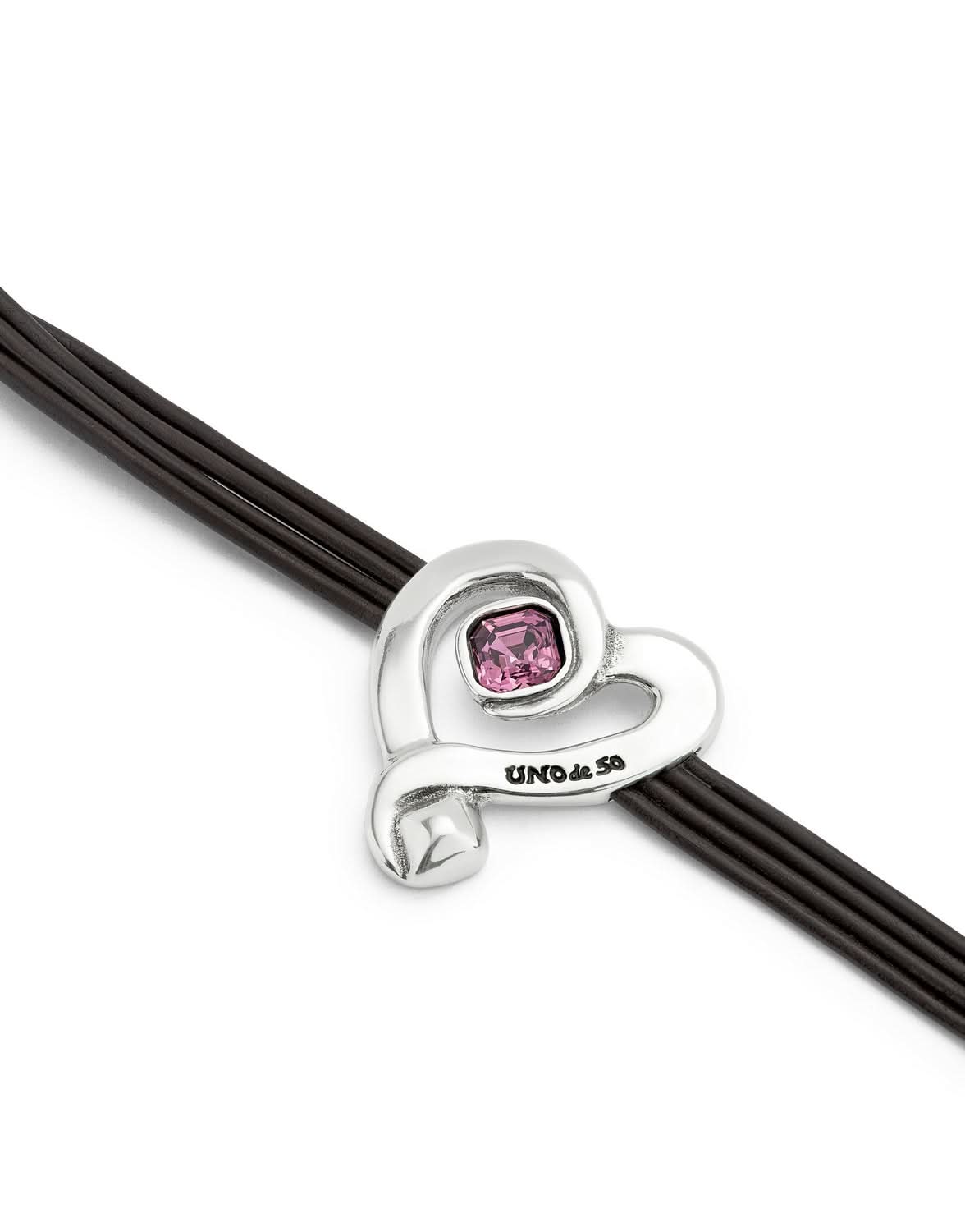 Elegant Sterling Silver Plated Ser Expresiva Pink Bracelet PUL2542RSAMTL0 featuring a leather band adorned with a heart and pink crystal, perfect for expressing individuality.