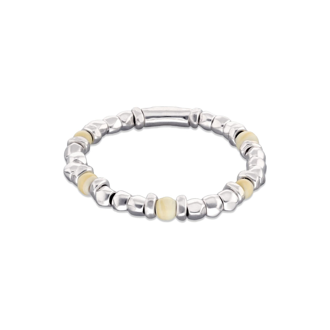 Metal Alloy Sterling Silver Plated And Ivory Beaded Stretch Bracelet PUL2585MFLMTL