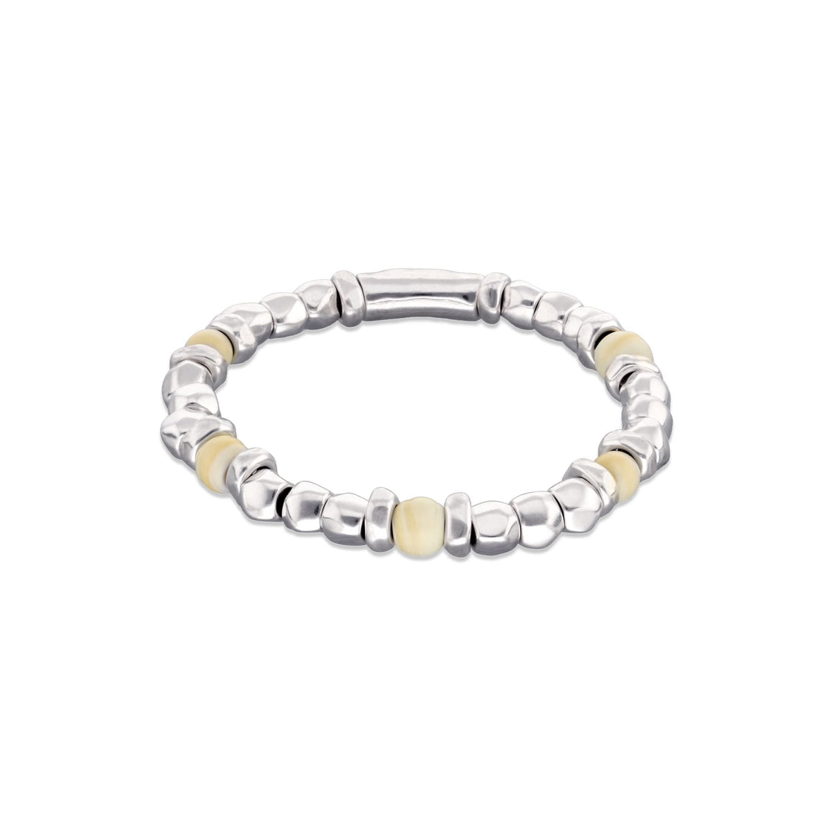 Metal Alloy Sterling Silver Plated And Ivory Beaded Stretch Bracelet PUL2585MFLMTL
