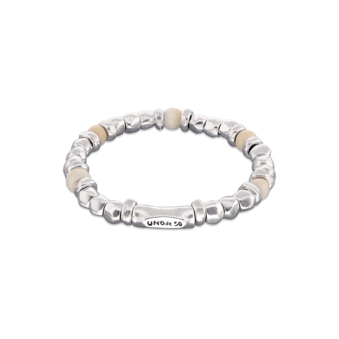 Metal Alloy Sterling Silver Plated And Ivory Beaded Stretch Bracelet PUL2585MFLMTL