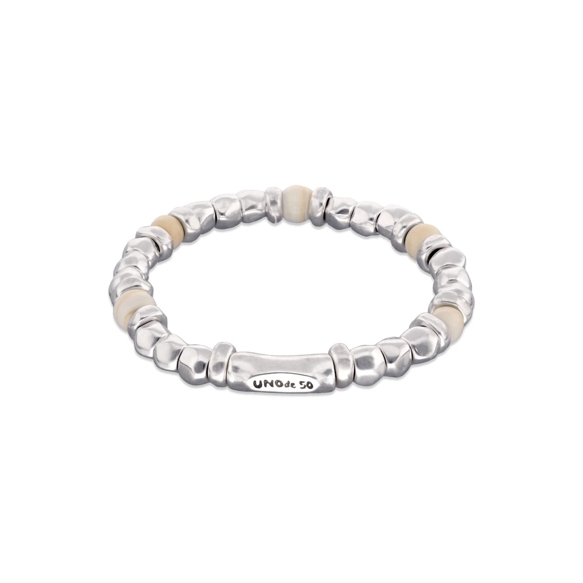 Metal Alloy Sterling Silver Plated And Ivory Beaded Stretch Bracelet PUL2585MFLMTL