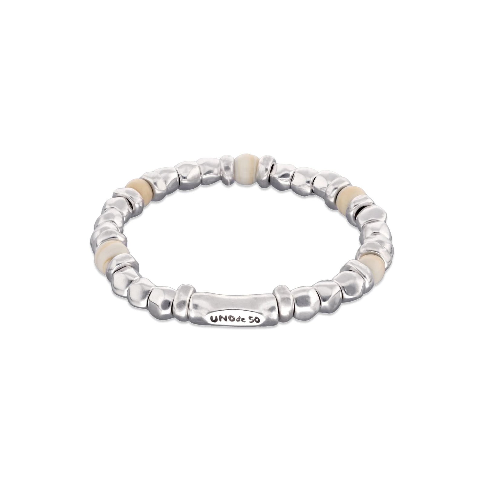 Metal Alloy Sterling Silver Plated And Ivory Beaded Stretch Bracelet PUL2585MFLMTL