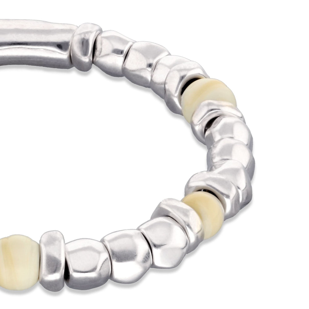 Metal Alloy Sterling Silver Plated And Ivory Beaded Stretch Bracelet PUL2585MFLMTL
