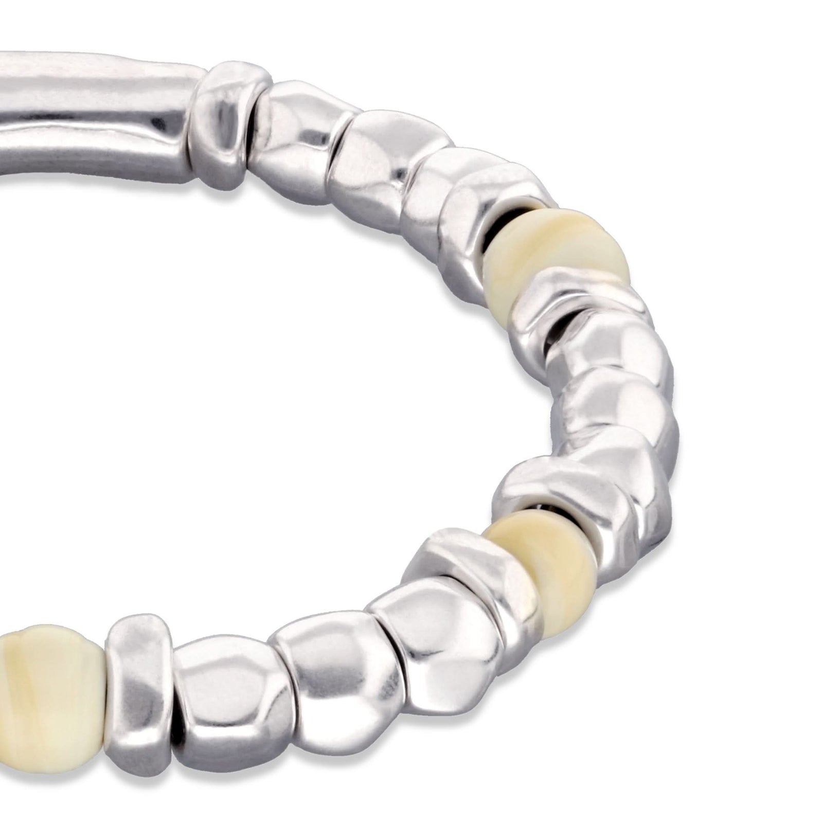 Metal Alloy Sterling Silver Plated And Ivory Beaded Stretch Bracelet PUL2585MFLMTL