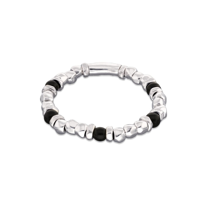 Metal Alloy Sterling Silver Plated And Black Murano Glass Beaded Stretch Bracelet PUL2585NGRMTL