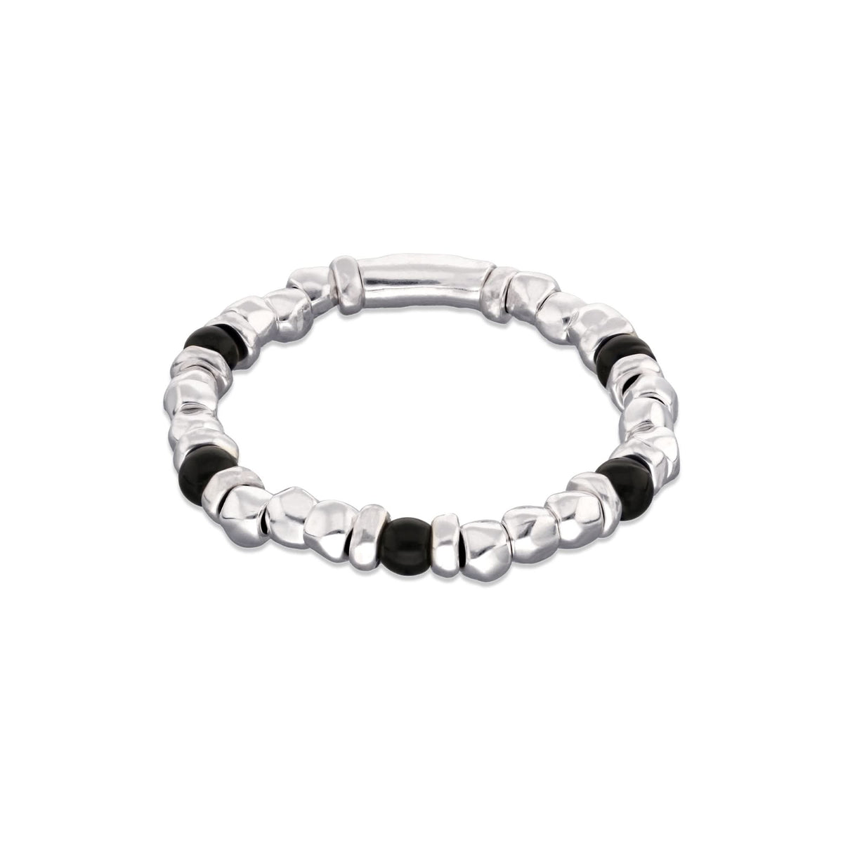 Metal Alloy Sterling Silver Plated And Black Murano Glass Beaded Stretch Bracelet PUL2585NGRMTL