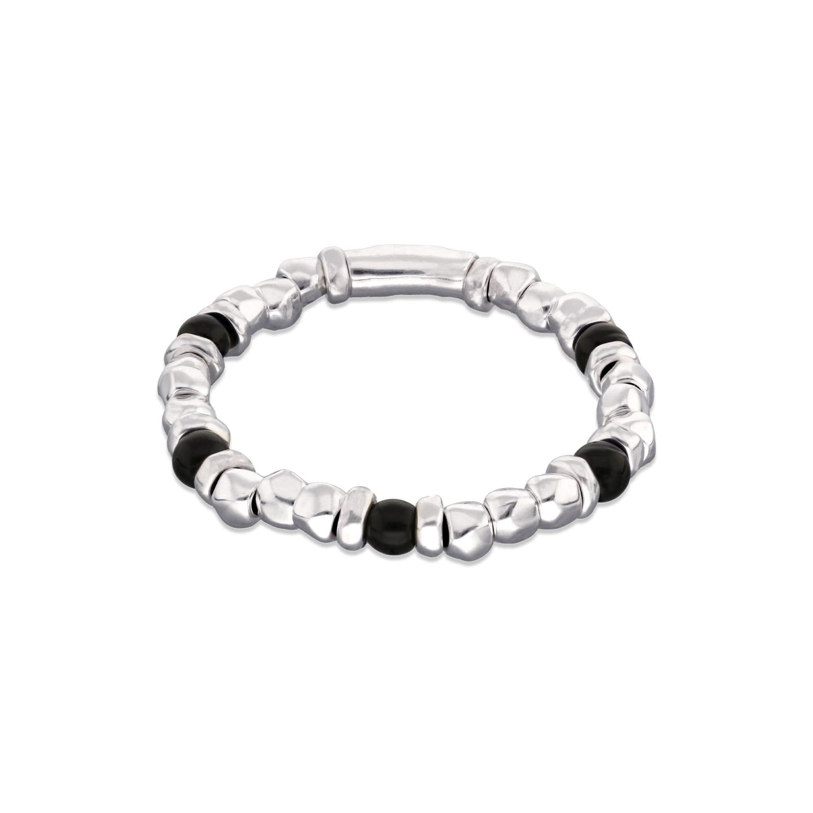 Metal Alloy Sterling Silver Plated And Black Murano Glass Beaded Stretch Bracelet PUL2585NGRMTL