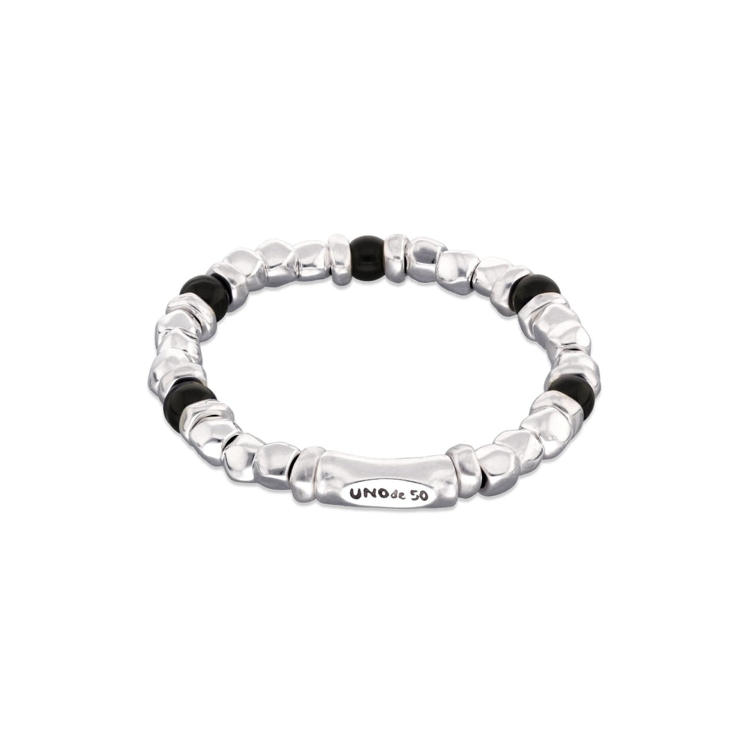 Metal Alloy Sterling Silver Plated And Black Murano Glass Beaded Stretch Bracelet PUL2585NGRMTL