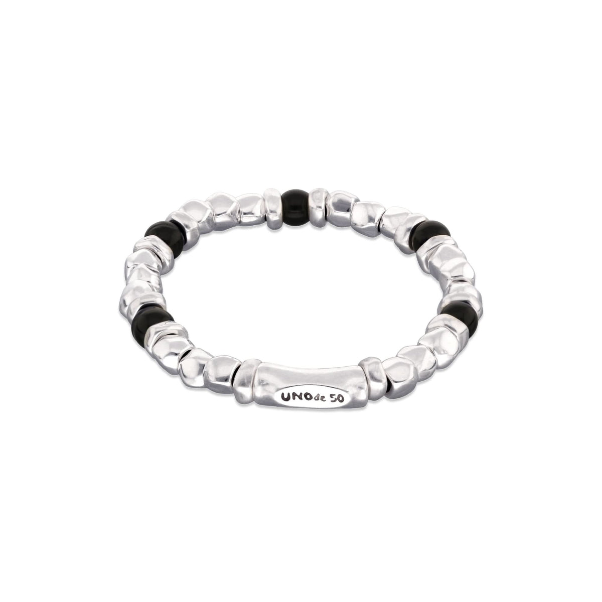 Metal Alloy Sterling Silver Plated And Black Murano Glass Beaded Stretch Bracelet PUL2585NGRMTL
