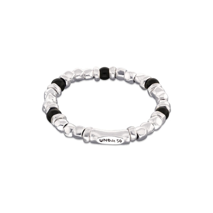 Metal Alloy Sterling Silver Plated And Black Murano Glass Beaded Stretch Bracelet PUL2585NGRMTL