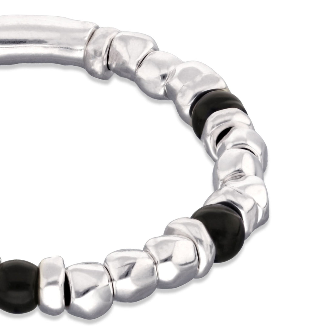 Metal Alloy Sterling Silver Plated And Black Murano Glass Beaded Stretch Bracelet PUL2585NGRMTL