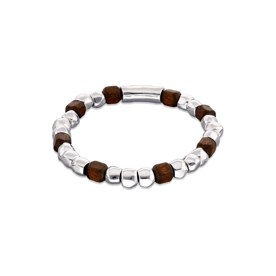 Metal Alloy Sterling Silver Plated And Wood Beaded Stretch Bracelet PUL2586MARMTL