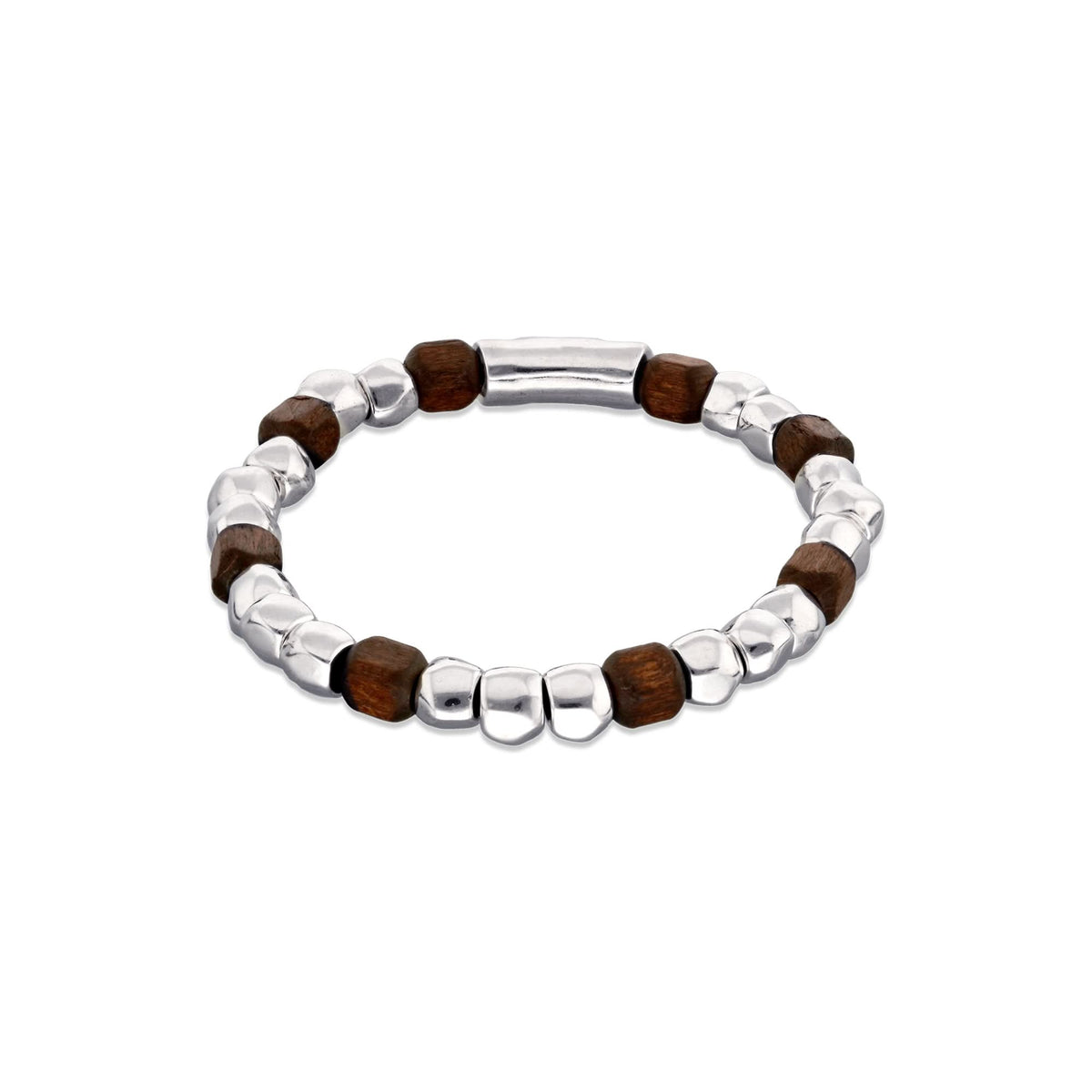 Metal Alloy Sterling Silver Plated And Wood Beaded Stretch Bracelet PUL2586MARMTL