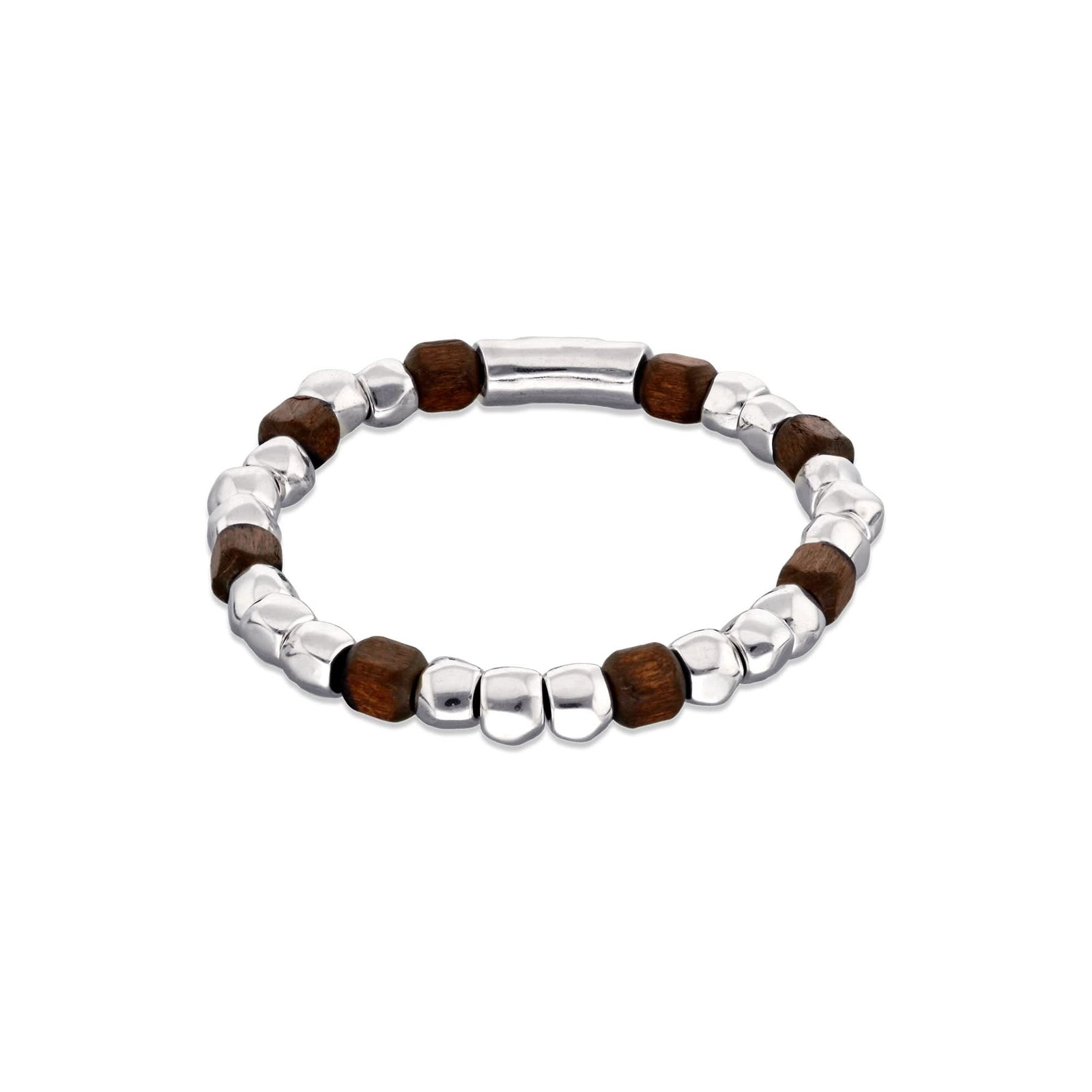 Metal Alloy Sterling Silver Plated And Wood Beaded Stretch Bracelet PUL2586MARMTL