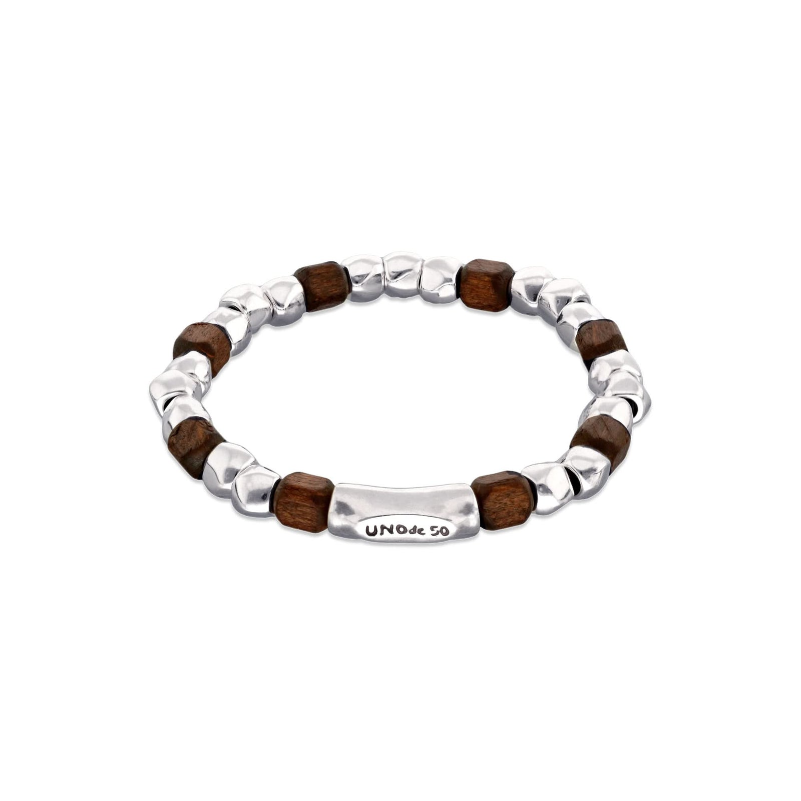 Metal Alloy Sterling Silver Plated And Wood Beaded Stretch Bracelet PUL2586MARMTL