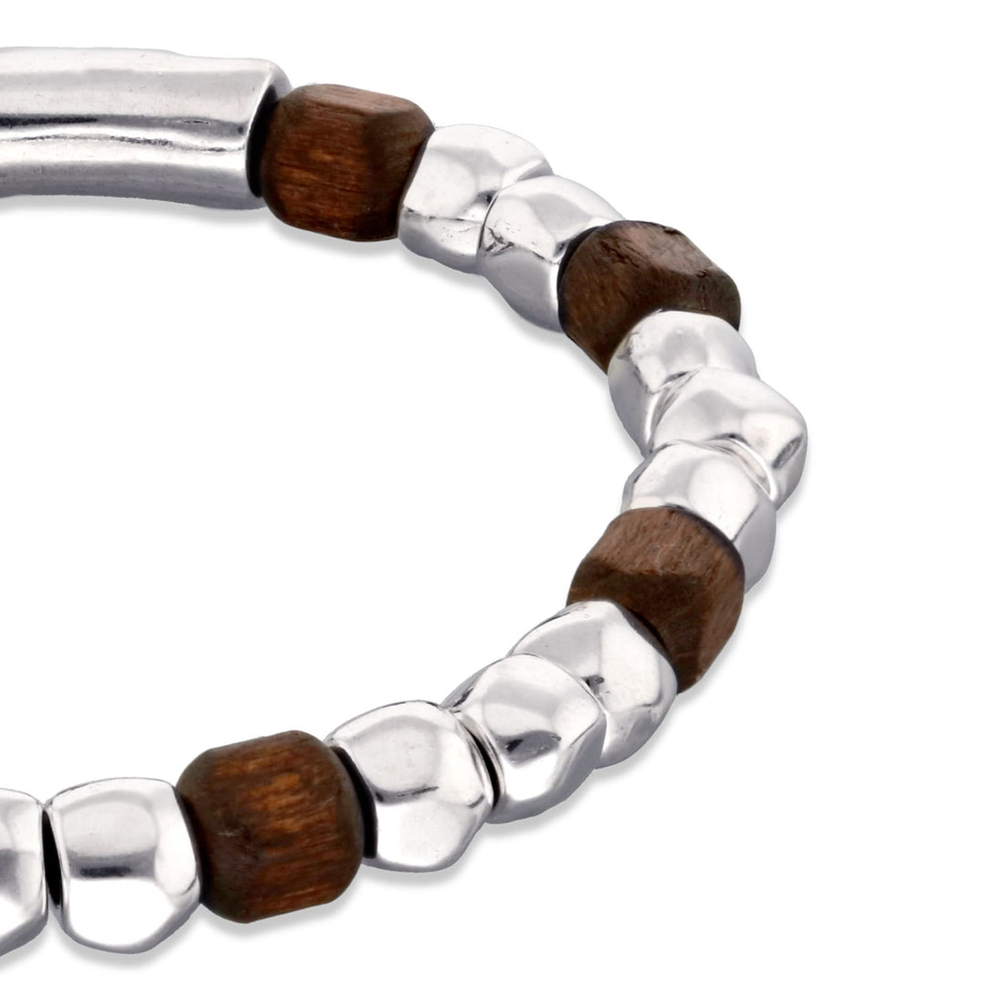 Metal Alloy Sterling Silver Plated And Wood Beaded Stretch Bracelet PUL2586MARMTL