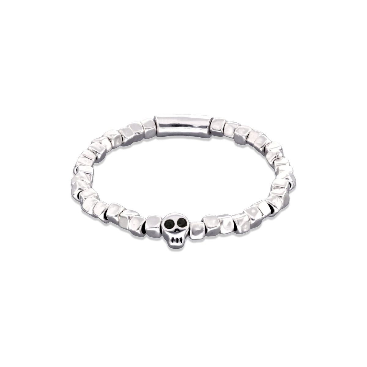 Metal Alloy Sterling Silver Plated Skull Detail Stretch Bracelet PUL2589NGRMTL