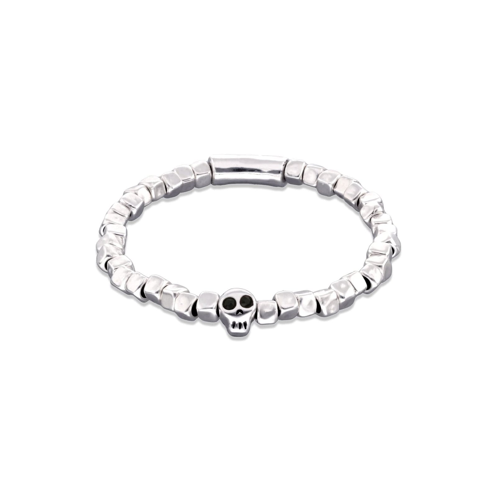 Metal Alloy Sterling Silver Plated Skull Detail Stretch Bracelet PUL2589NGRMTL