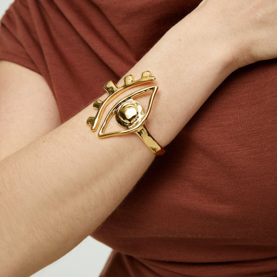 Metal Alloy Rigid Plated Gold 18K Striking Eye Detail Bangle Bracelet PUL2598ORO000