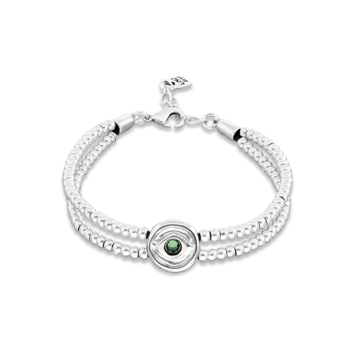 Metal Alloy Double Beaded Sterling Silver Eye Detail Green Faceted Crystal Bracelet PUL2599VRDMTL0M