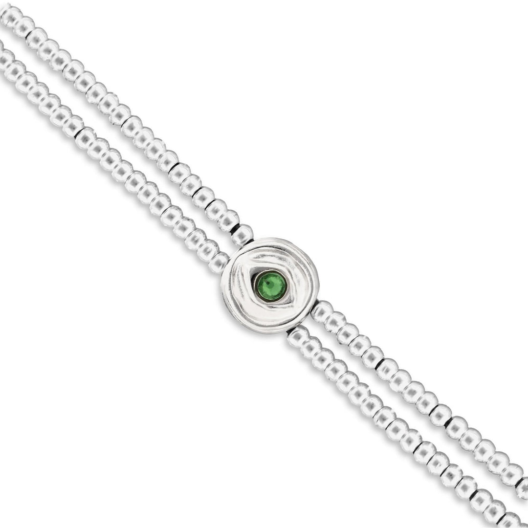 Metal Alloy Double Beaded Sterling Silver Eye Detail Green Faceted Crystal Bracelet PUL2599VRDMTL0M