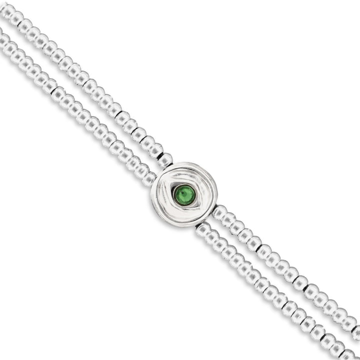 Metal Alloy Double Beaded Sterling Silver Eye Detail Green Faceted Crystal Bracelet PUL2599VRDMTL0M