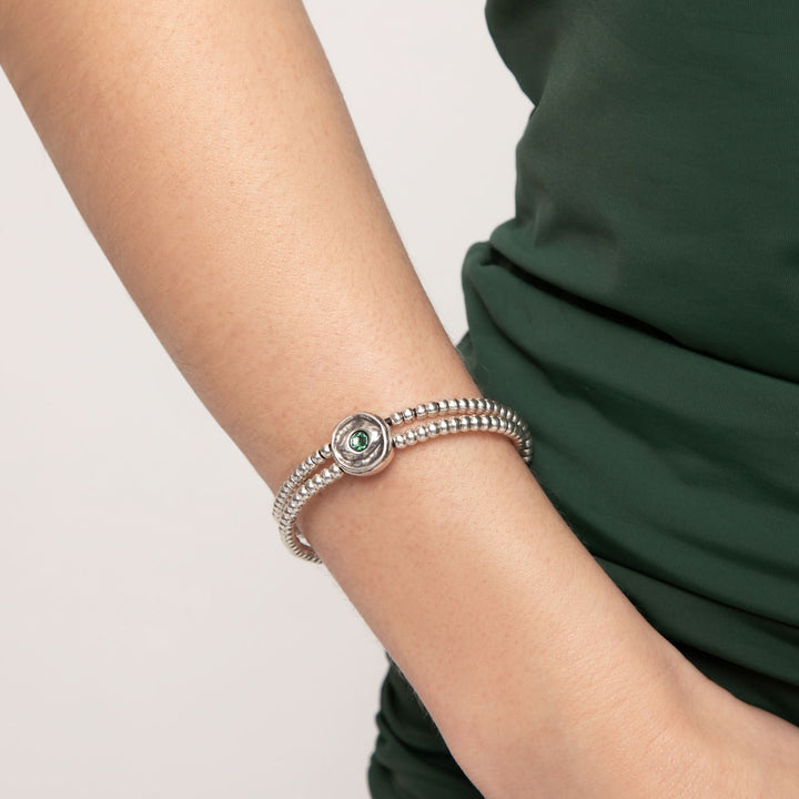 Metal Alloy Double Beaded Sterling Silver Eye Detail Green Faceted Crystal Bracelet PUL2599VRDMTL0M