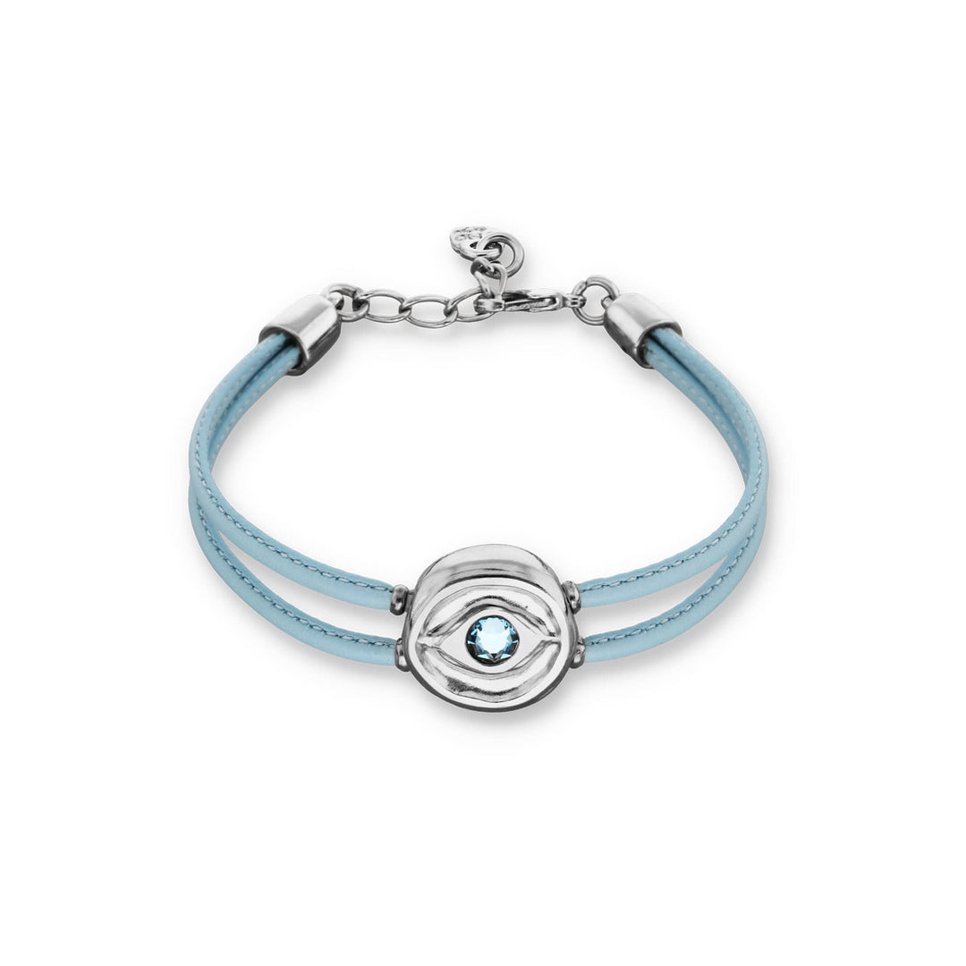 Blue Leather Metal Alloy Eye Detail Pleated Sterling Silver Crystal Bracelet PUL2601AZCMTL0M