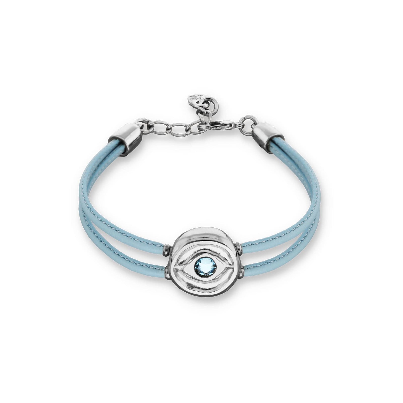 Blue Leather Metal Alloy Eye Detail Pleated Sterling Silver Crystal Bracelet PUL2601AZCMTL0M