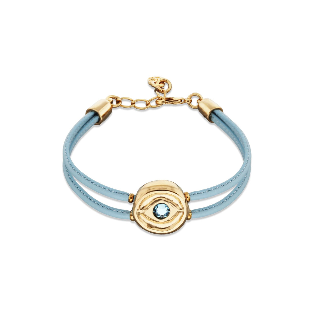 Double Blue Leather Metal Alloy Eye Detail Pleated Gold 18K Crystal Bracelet PUL2601AZCORO0M
