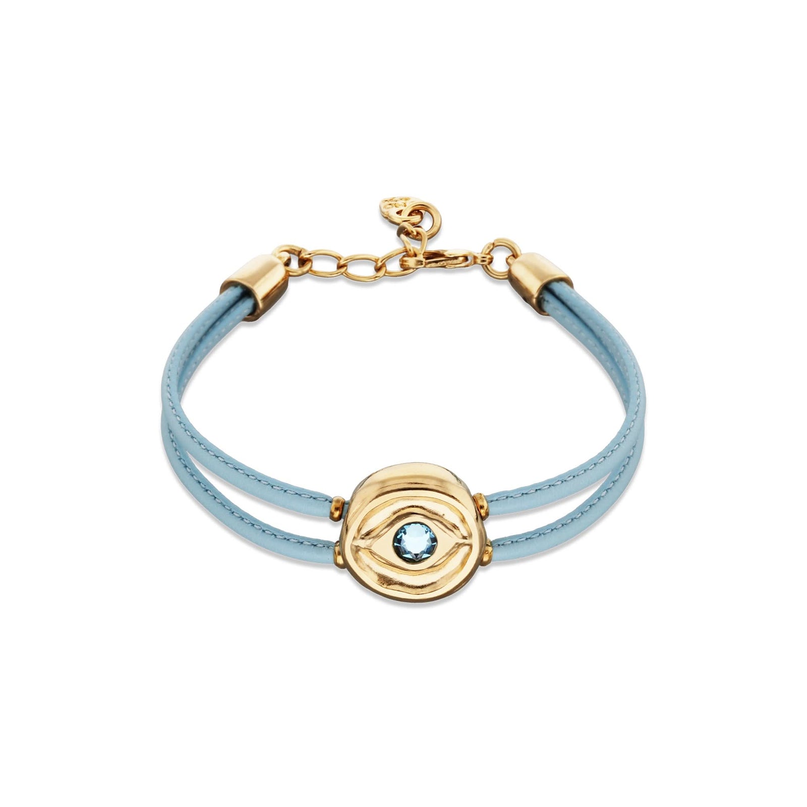 Double Blue Leather Metal Alloy Eye Detail Pleated Gold 18K Crystal Bracelet PUL2601AZCORO0M