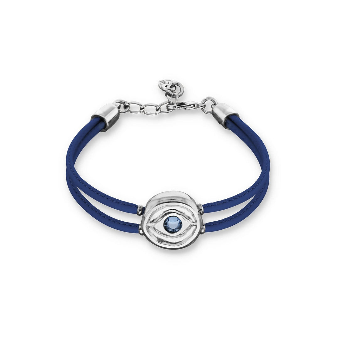 Double Dark Blue Leather Metal Alloy Eye Pleated Sterling Silver Crystal Bracelet PUL2601AZOMTL0M