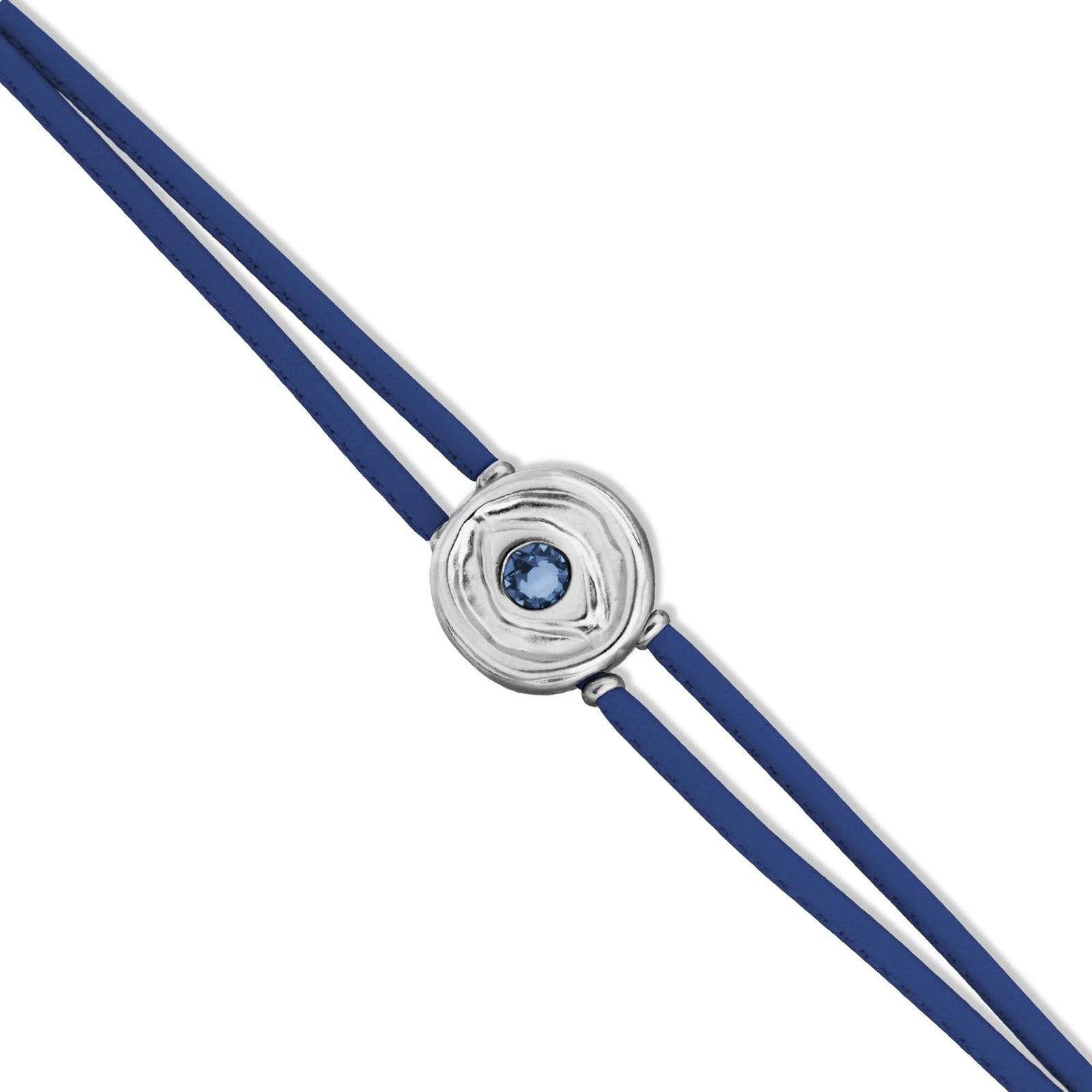 Double Dark Blue Leather Metal Alloy Eye Pleated Sterling Silver Crystal Bracelet PUL2601AZOMTL0M