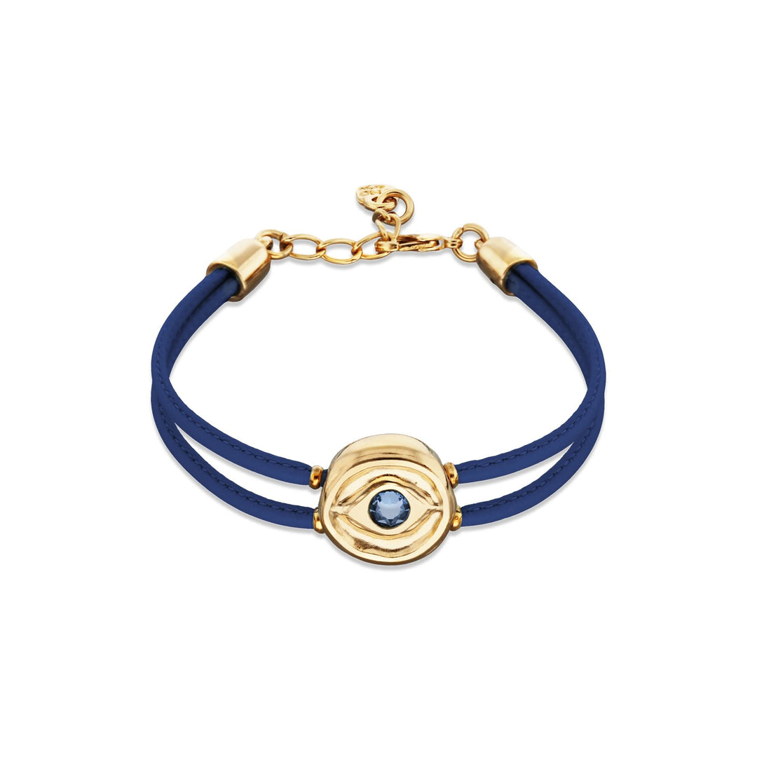 Double Blue Leather Metal Alloy Eye Detail Pleated Gold 18K Crystal Bracelet PUL2601AZOORO0M