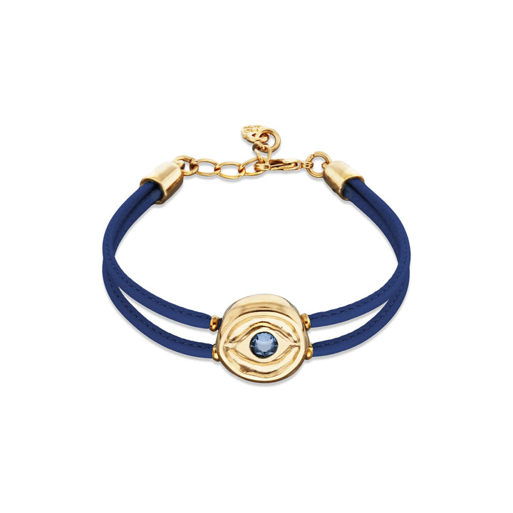 Double Blue Leather Metal Alloy Eye Detail Pleated Gold 18K Crystal Bracelet PUL2601AZOORO0M