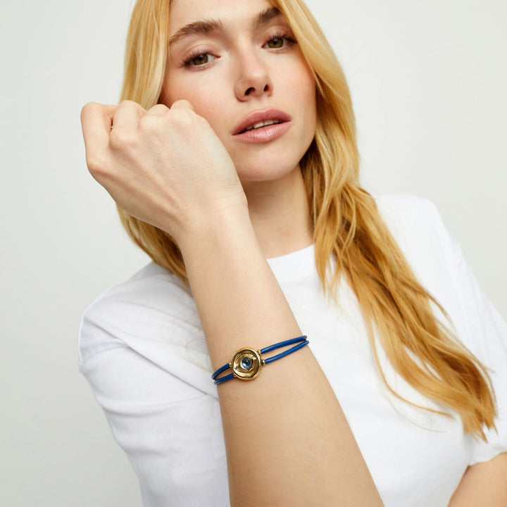 Double Blue Leather Metal Alloy Eye Detail Pleated Gold 18K Crystal Bracelet PUL2601AZOORO0M