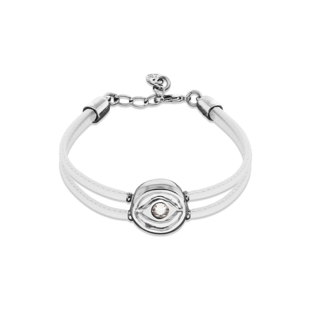 Double White Leather Metal Alloy Eye Detail Pleated Sterling Silver Crystal Bracelet PUL2601BLCMTL0M