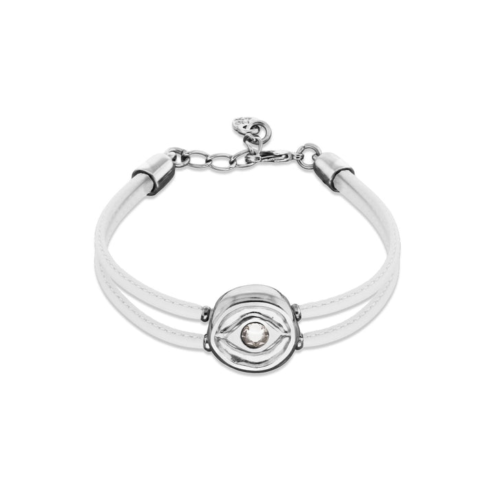 Double White Leather Metal Alloy Eye Detail Pleated Sterling Silver Crystal Bracelet PUL2601BLCMTL0M