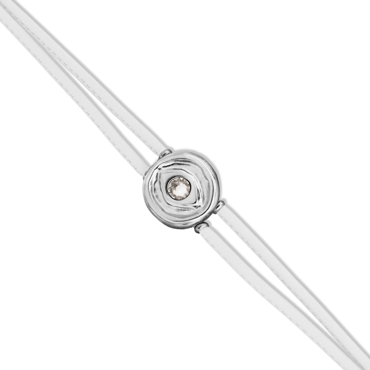 Double White Leather Metal Alloy Eye Detail Pleated Sterling Silver Crystal Bracelet PUL2601BLCMTL0M