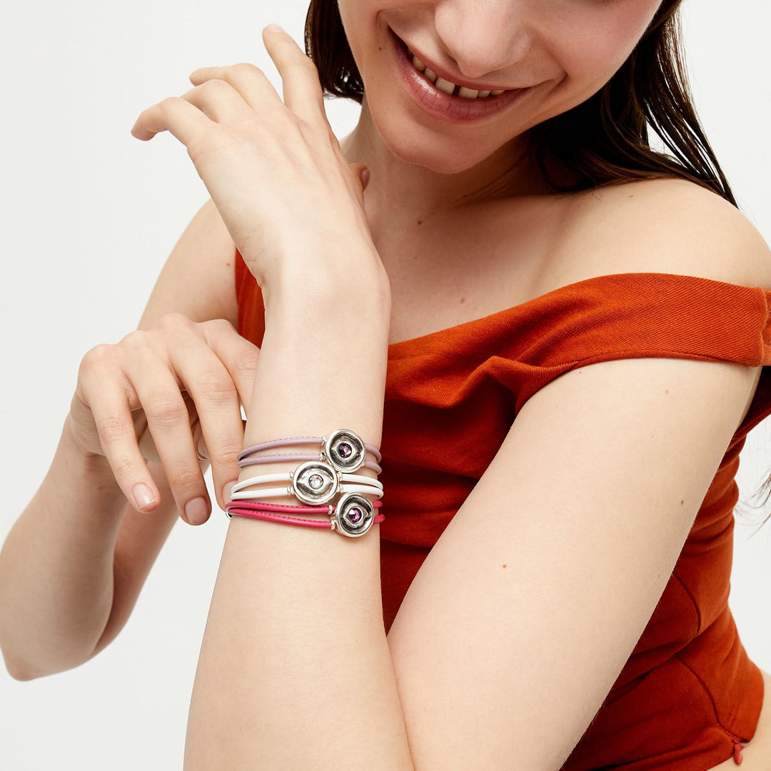 Double White Leather Metal Alloy Eye Detail Pleated Sterling Silver Crystal Bracelet PUL2601BLCMTL0M