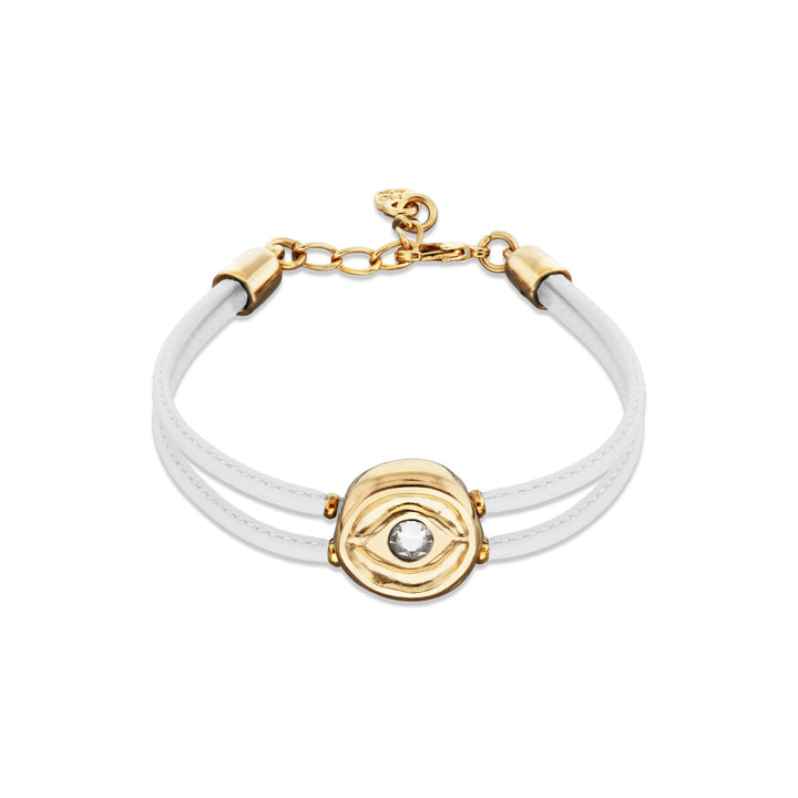 Double White Leather Metal Alloy Eye Detail Pleated Gold 18K Crystal Bracelet PUL2601BLCORO0M