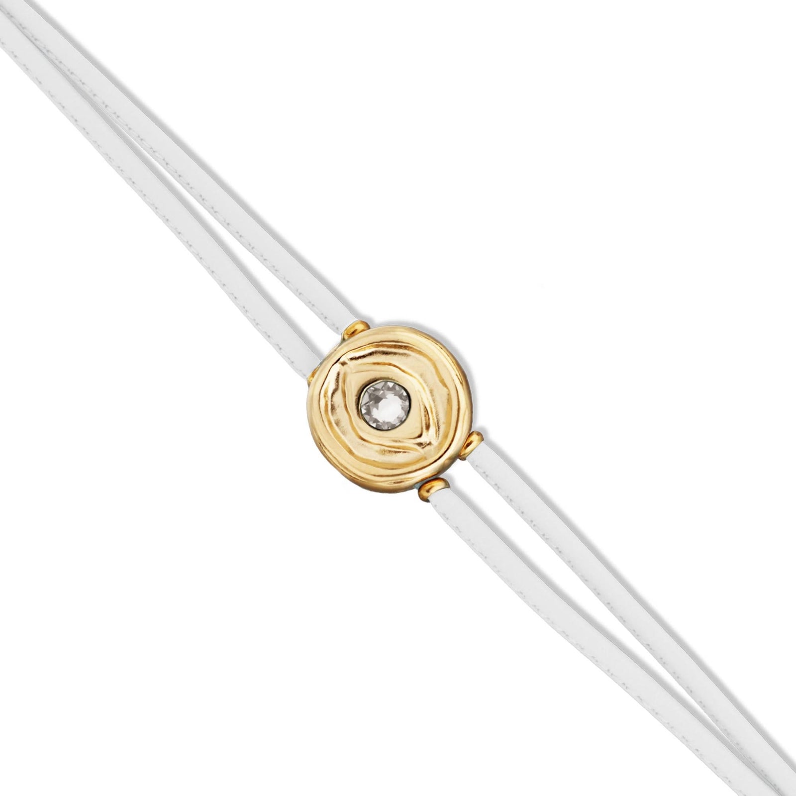 Double White Leather Metal Alloy Eye Detail Pleated Gold 18K Crystal Bracelet PUL2601BLCORO0M